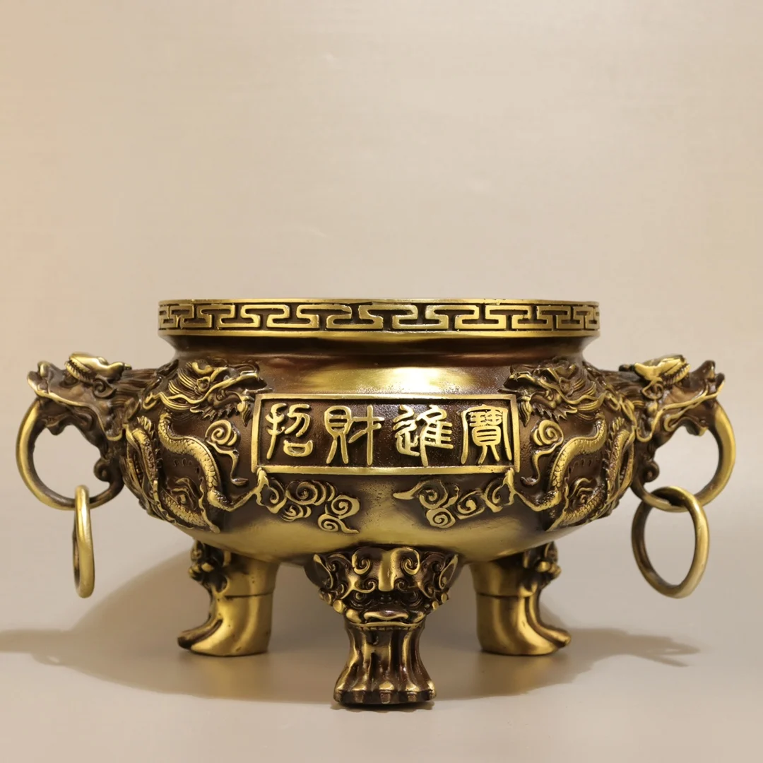 

15"Tibet Temple Collection Brass Nine Dragons Texture Dragon Rar Three legged incense burner Worship Hall Town house