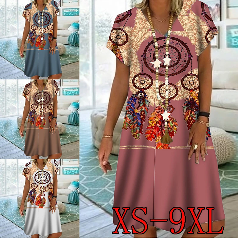 

Women Summer Casual Fashion New Plus Size Print Dress Casual Fashion Dress V-Neck Short Sleeve Dress XS-9XL