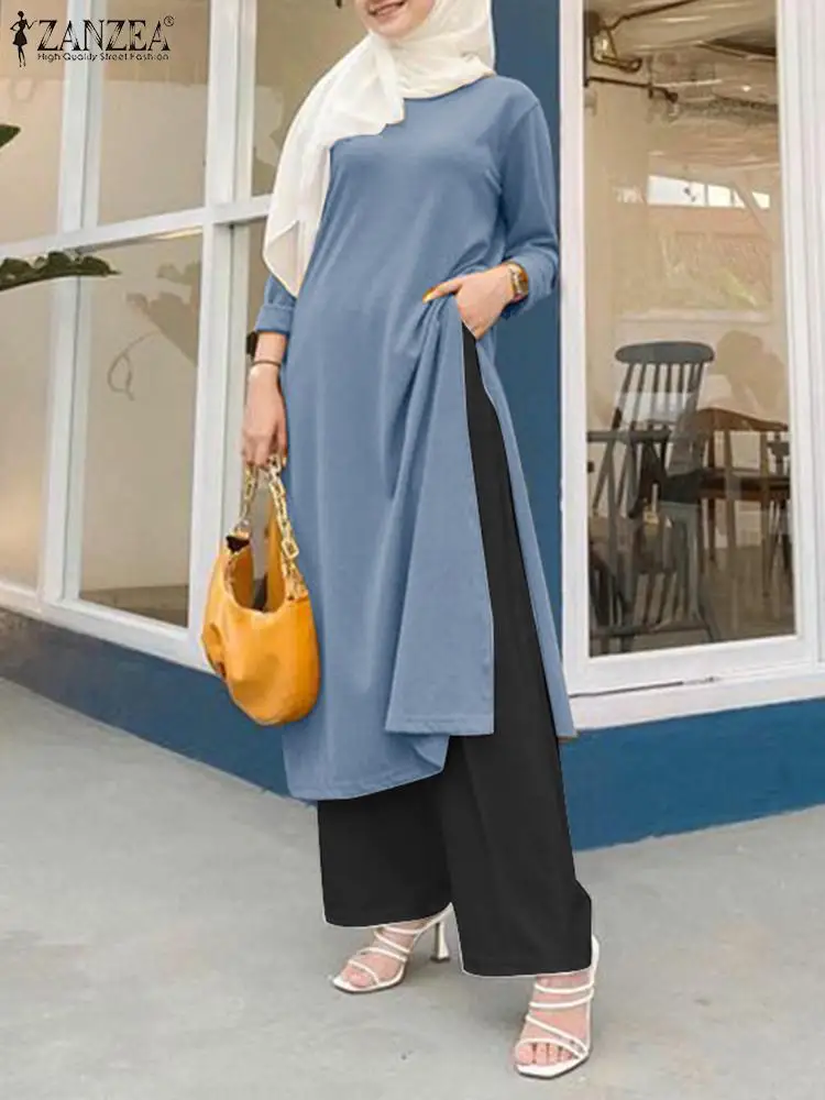 

ZANZEA Fashion Casual Long Sleeve Blouse Trousers Suits Islamic Clothing Dubai Turkey Abaya Muslim Sets Women Pants Sets 2PCS