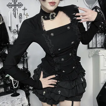 Subculture Lolita Mesh Trim Buckle Tops Mall Goth Punk Slim Long Sleeve Top Y2K 90s Pullover Alt T-shirts Halloween 1