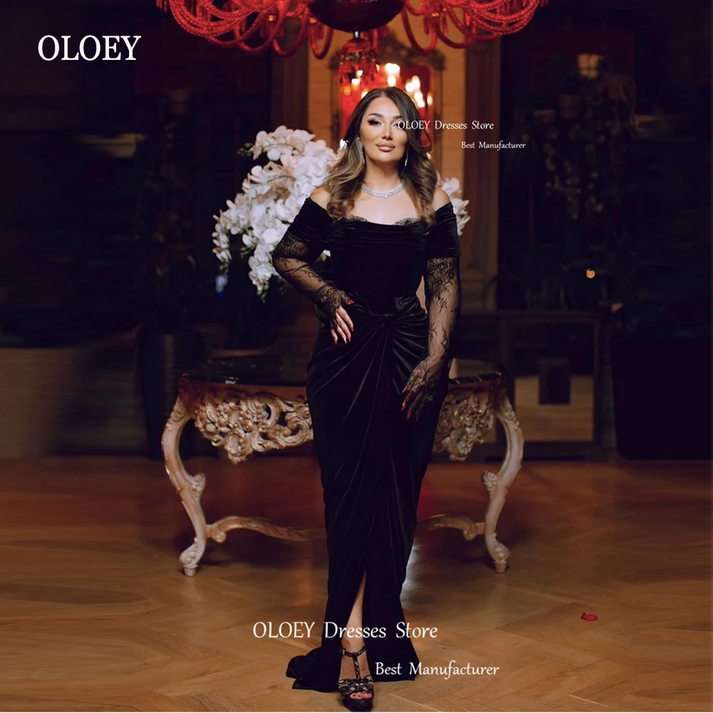 

OLOEY Black Mermaid Velvet Evening Dresses Off Shoulder Sexy Split Draped Dubai Arabic Women Prom Gowns Formal Party Lace Gloves
