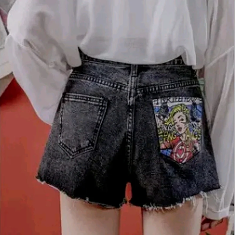 Street Clothing Cartoon Portrait Pocket Print Asymmetric High Waist Shorts Jeans 2023 Fashion Summer Korean Denim Shorts Ladies