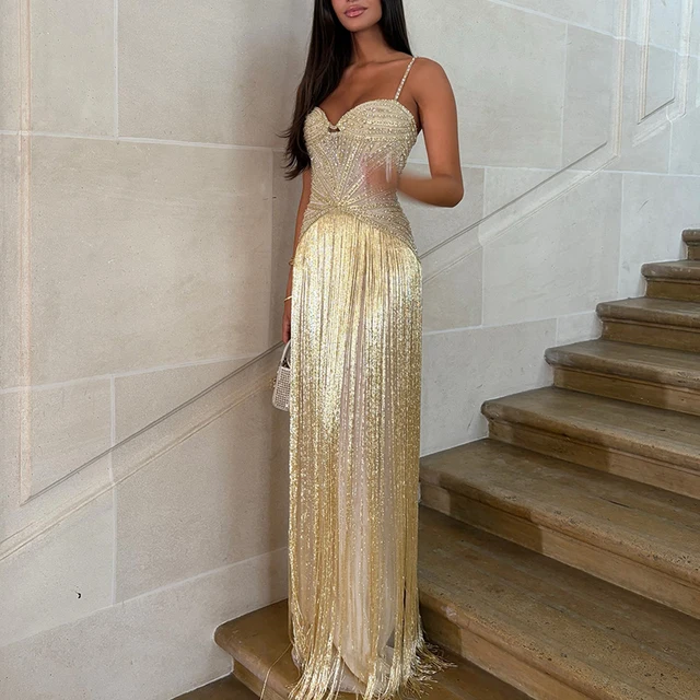 Sexy Off Shoulder Sleeveless Suspender Dress Women's Elegant High Waist Slim Tassel Long Dress Fashion Draped Solid Long Dress 2