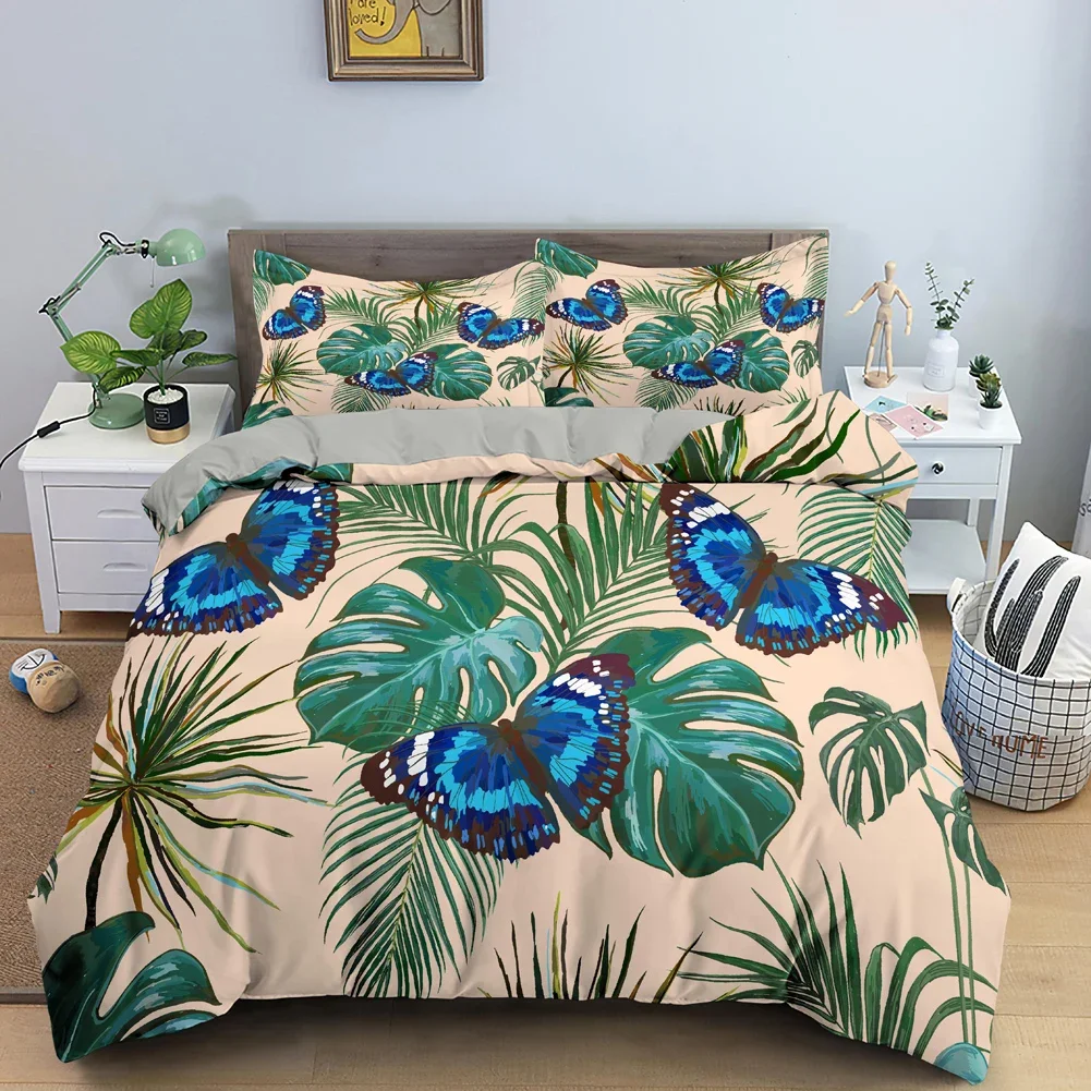 Tropical Leaves Butterfly Printed Duvet Cover Bedding Sets with Pillow Case Luxury Polyester Bedspread Queen/King Size Gift Blue