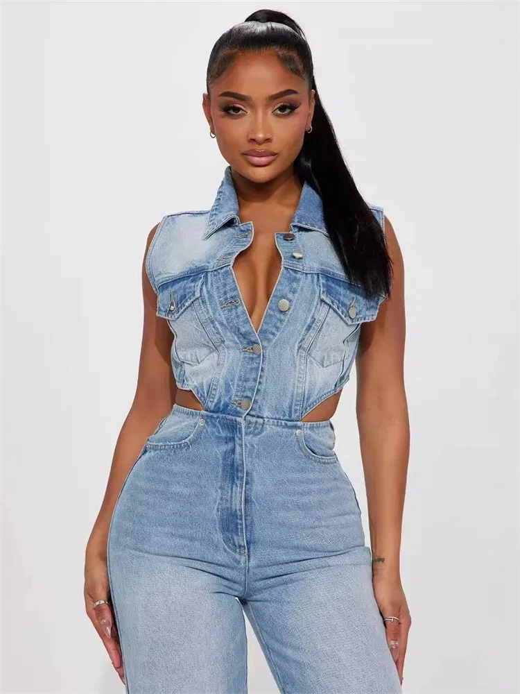Wmstar Women Jumpsuit Sexy Revealing Waist Tight Waist Slim Fit Elastic Straight Tube Loose Wash Denim Wholesale Dropshipping