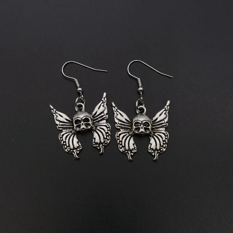 GothicButterflySkullWingsEarringsSilverPlatedHuggieHoopsDangleWitchyHalloweenJewelry
