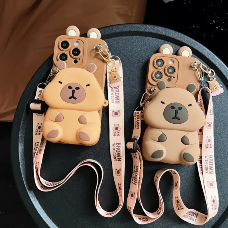 3D Cartoon Kapibala Wallet Phone Case with Rope