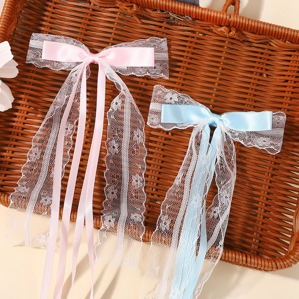 Koreanischen Stil Rosa Blau Spitze Bowknot Haar Clip für Frauen Mädchen Band Quaste Bogen Haarnadeln Geflecht Barrettes Kopfbedeckungen Zubehör