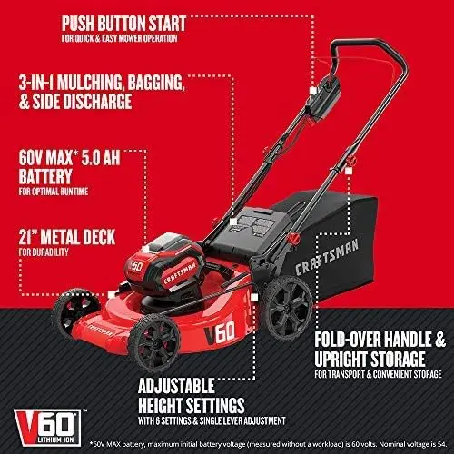 Cordless Lawn Mower 21-Inch Three in one push lawn mower, used for covering, bagging, and side unloading
