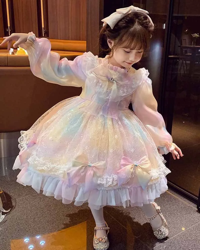 Birthday Party Lolita Sweet Dress Girls Kids Summer Mesh Long Sleeve Dress Cute Princess Doll Teen For Girls 2-10Y