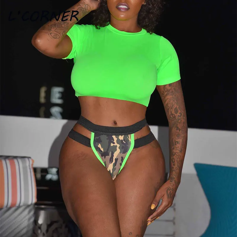 

Summer Neon Green Bikini Two Piece Sets Sexy Camouflage Patchwork Irregular Matching 2pcs Outfits Female Bodycon Beach Swimwear