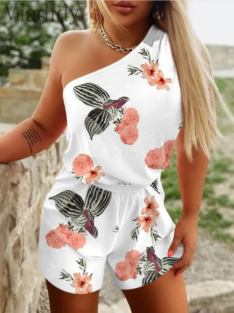 

Women Casual Playsuit Summer Floral Print One Shoulder Romper