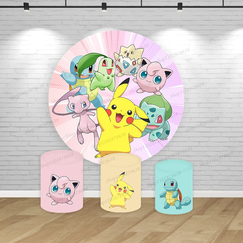 Pink Pokemon Birthday Fondali Cover Decor Kids Boys Party Round Background Pocket Monster Pikachu Cilindro Elastico Baby Shower