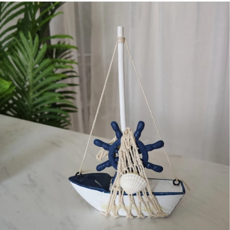 1PC Mini Wooden Sailboat Decorative Ropes and Anchors,Mediterranean-style Commemorative Gift for The Owner's Home Office Desktop