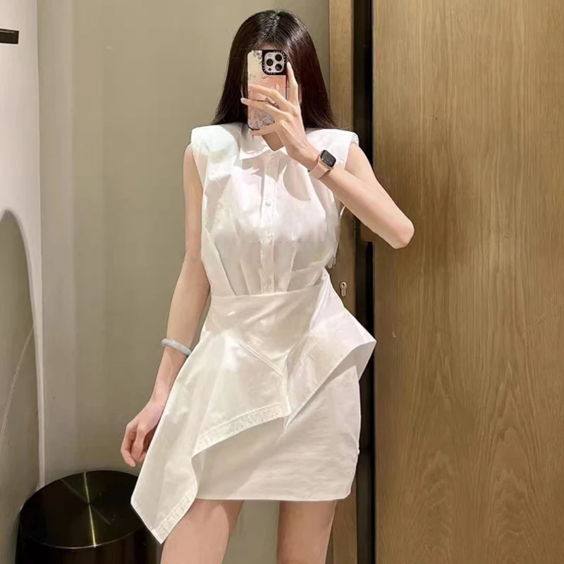 

2023 Spring and Summer New Asymmetrical White Sleeveless Shirt Dress Lapel Dress