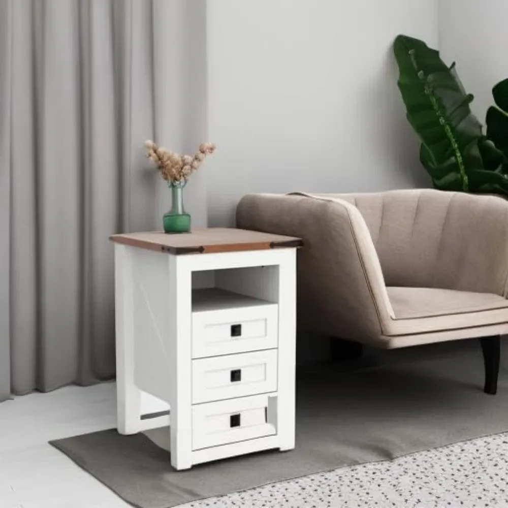 Nightstand with Charging Station, End Table, Side Table for Bedroom, Living Room, Farmhouse Design, Wood Rustic, Antique White 3