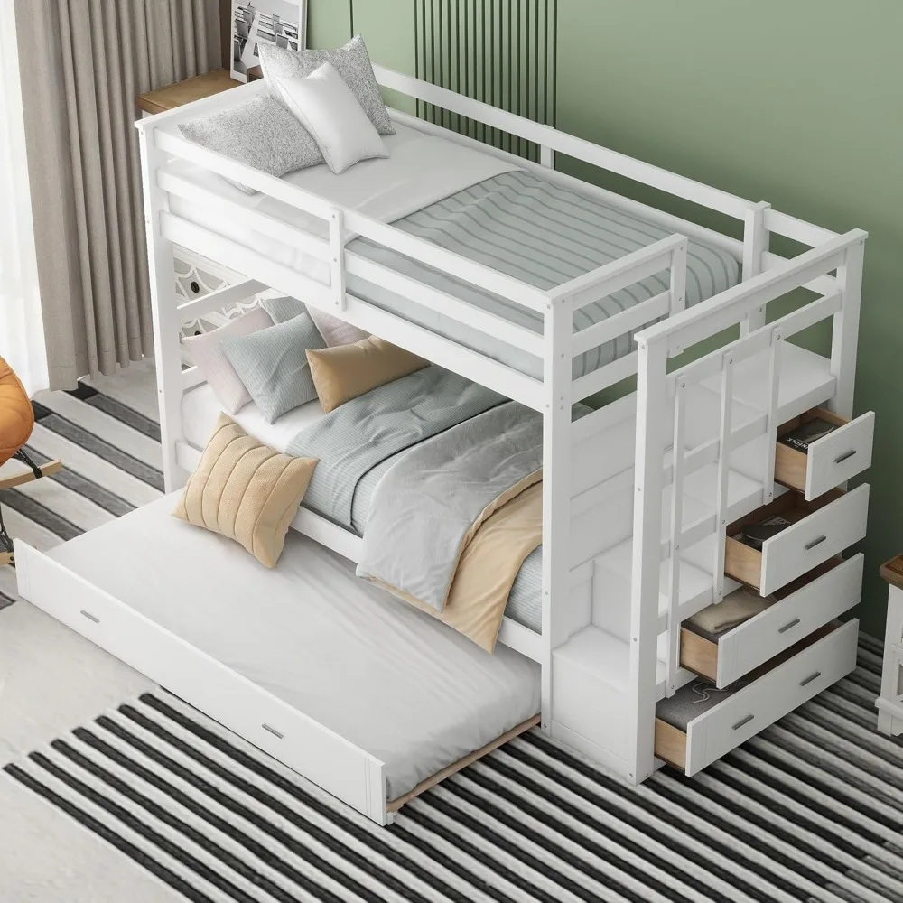 Twin Over Twin Bunk Bed with Stairs, Solid Wood Bunk Beds,Suitable for teenage boys and girls, free shipping 3