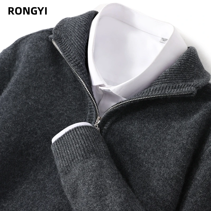 RONGYI  Autumn And Winter 100% Merino Wool Men's Pullover Sweater Turndown Collar Zipper Solid Color Knitted Padded Coat Jacket 2