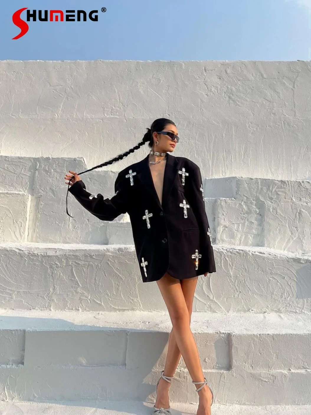 European Crystal Rhinestone Beaded Black Blazer Female 2023 Autumn New Loose Women Suit Collar Long Sleeve Mid-length Suit Coat