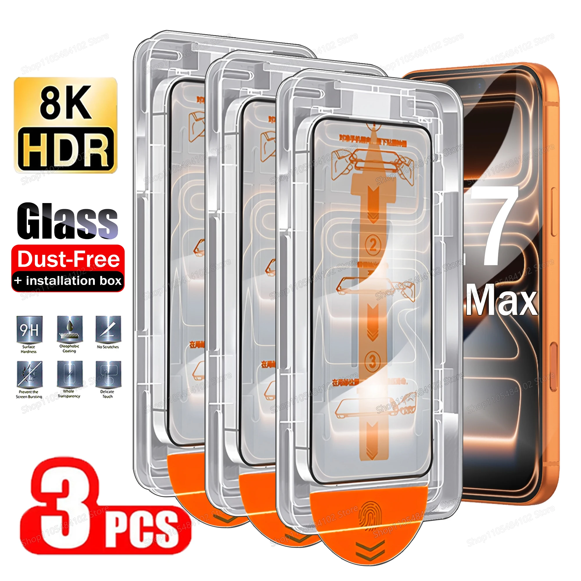 3PCS Dust-Free Glass Easy Install For iPhone 17 16 15 14 13 12 11 Pro Max Plus Air 16e Oleophobic Coating Screen Protector Glass