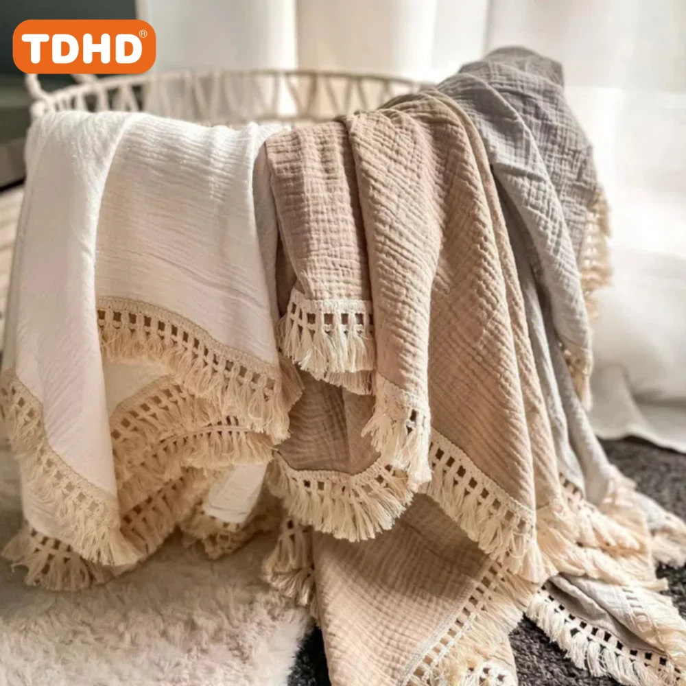 Cotton Muslin Blankets for Newborn Baby Tassel Receiving Blanket New Born Swaddle Wrap Infant Sleeping Quilt Bed Cover TDHD