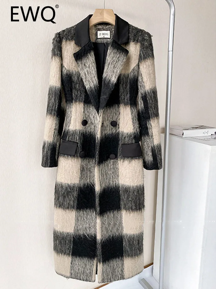 

EWQ Vintage Black White Plaid Notch Double Breasted Woolen Coat With Belt Autumn 2023 New Loose Wool Jacket Female Tide 23A2369