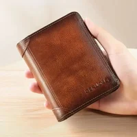 Men Wallet Genuine Leather Rfid Blocking Trifold Wallet Vintage Thin Short Multi Function ID Credit Card Holder Male Purse Money 2