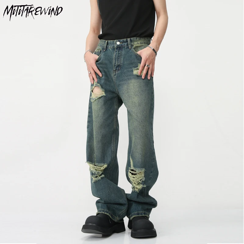 

Fashion Vintage Washed Hip Hop Jeans Men Ripped Hole Wide Leg Straight Wide Leg Male Clothing Trousers Hollow Out New Pants