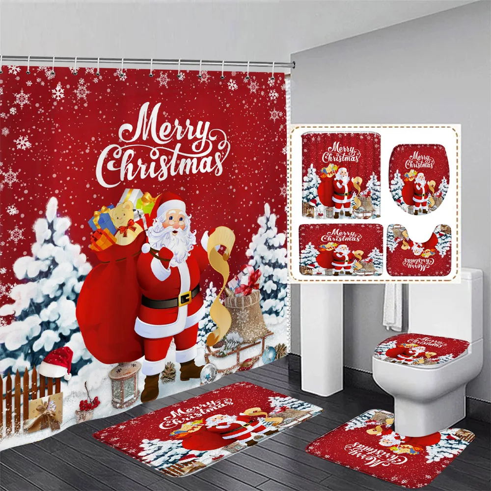 Shower Curtains Christmas Snowman Shower Curtains Red Bird Berry Rabbit Winter Forest Snowflake New Year Home Bathroom Curtain Decor With Hooks