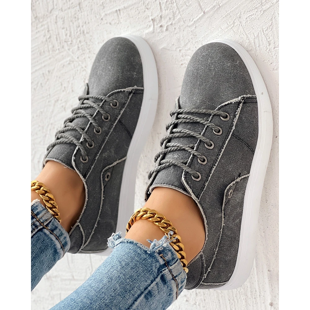 

Spring Eyelet Lace-up Women Sneakers Daily Casual Raw Hem Round Toe Sports Shoes Autumn Going Out Flats Zapatos Mujer