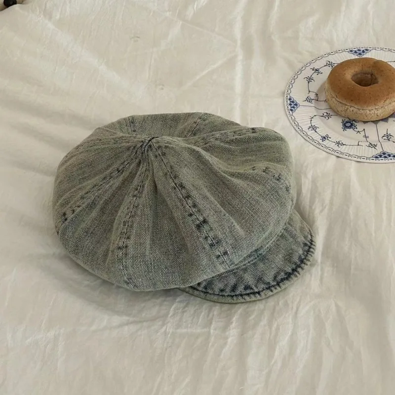 New Washed Denim Large Version Octagonal Hat Women's Sunshade Spring and Autumn Casual Short Brim Soft Top Newsboy Caps Gorras