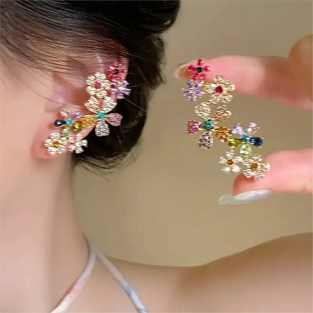 Elegant Sweet Colorful Flower Stud Earrings for Women Coated Multicolor Zircon Earrings Party Jewelry Gifts