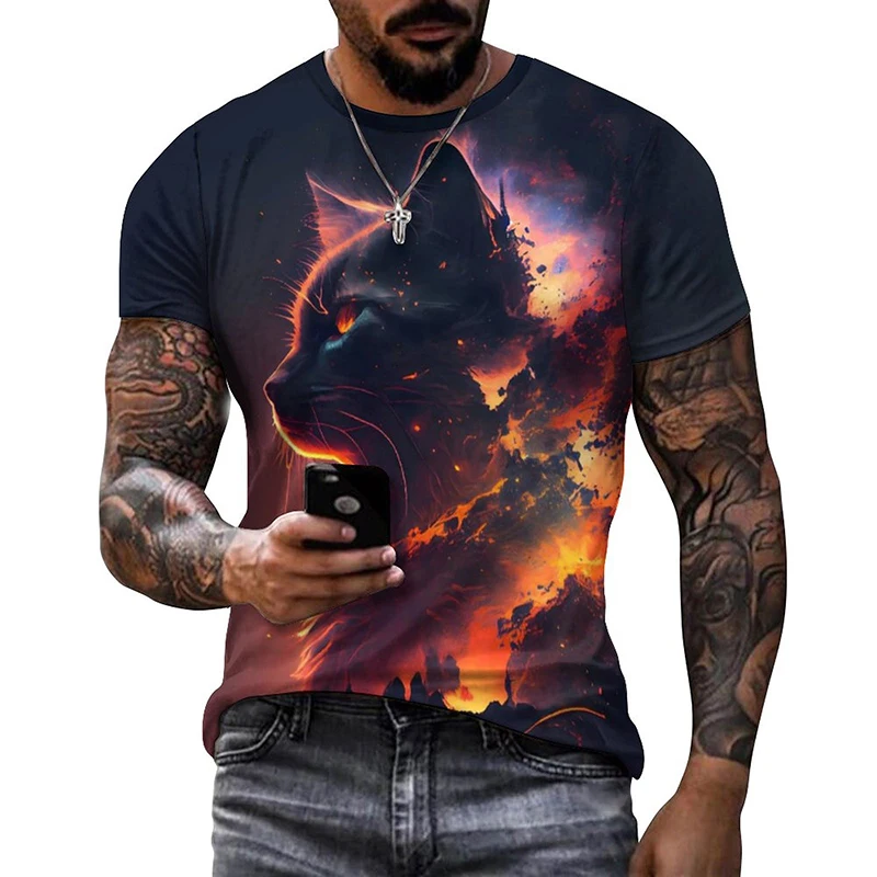 

2023 Summer Men's T-shirt 3D Color Painting Interesting Animal Giraffe Lion Leopard Short Sleeve Street Oversized Top