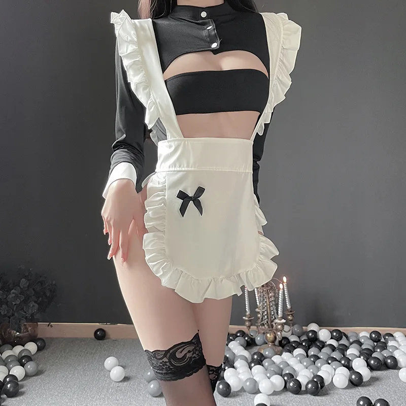

Sexy and Cute Maid Outfit Bed Uniform Seductive Set Bodysuit Women Cupless Crotchless Lingerie Femme black stockings body suit