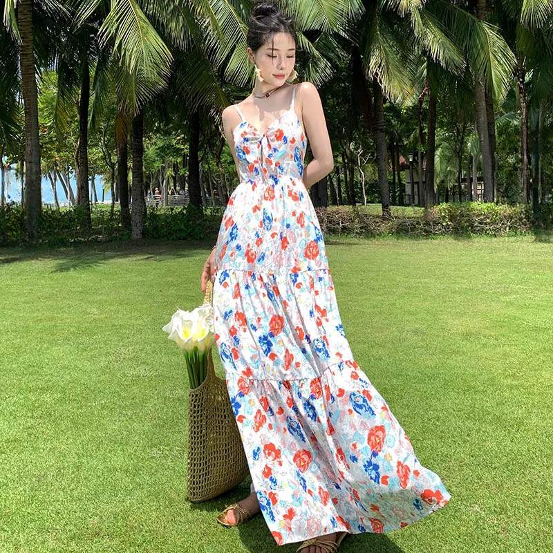 

2024 Women Vacation Seaside Beach Travel Camisole Floral Dress Sweet Fashion Sexy Take Photos Elegant Robe