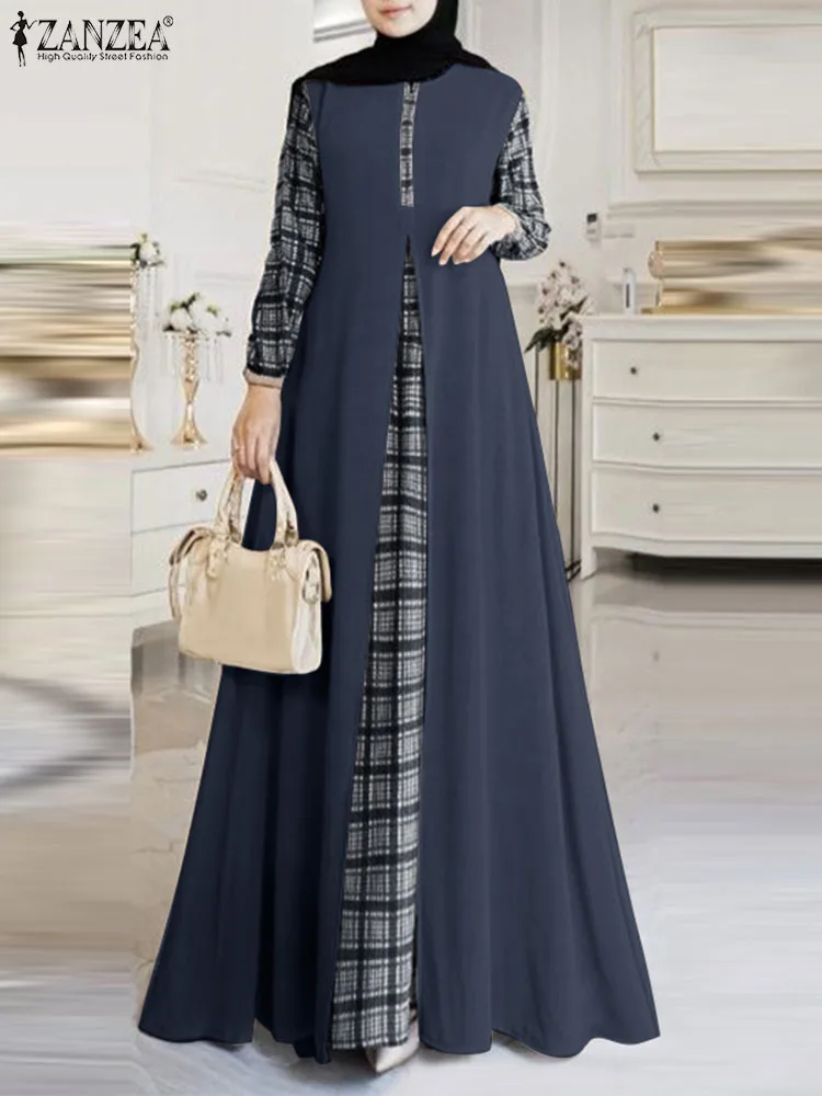 

2024 ZANZEA Women Plaid Checked Muslim Sundress Robe Femme Eid Mubarek Hijab Vestido Spring Long Sleeve Patchwork Maxi Dress