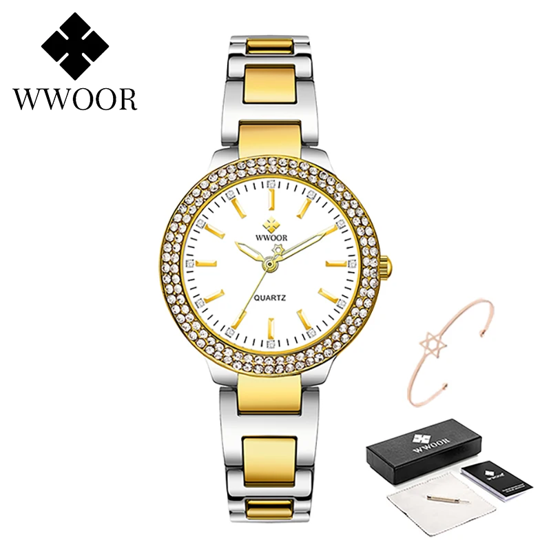 WWOOR 2024 New Diamond Women Watches Luxury Stainless Steel Ladies Quartz Bracelet Watches Rhinestone Female Clock Montre Femme