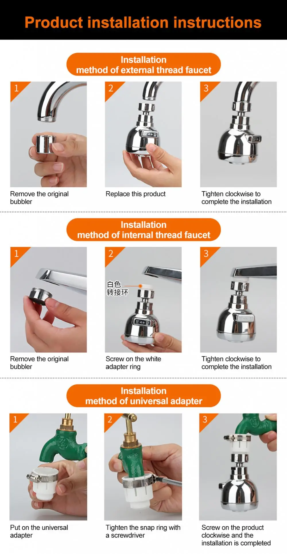 Description Picture 5 of item360 Degree Swivel Kitchen Sink Faucet Aerator Dual Mode Water Saving Tap Aerator Faucet Nozzle for Kitchen, Bathroom Faucet