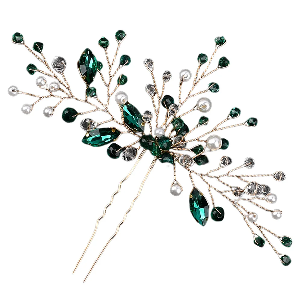 Wedding Rhinestone Hairpin for Bride Emerald Crystal Handmade Bridal U-shaped Headdress (ts1670)