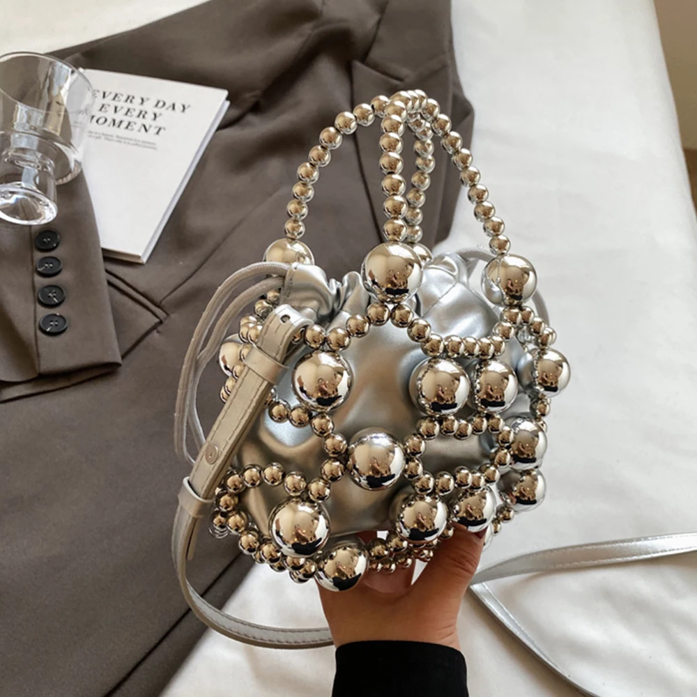 Luxury Beaded Handbags Hollow Woven Pearls Bags for Women Fashion Drawstring Shoulder Bag Lady Evening Bag Party Wedding Clutch
