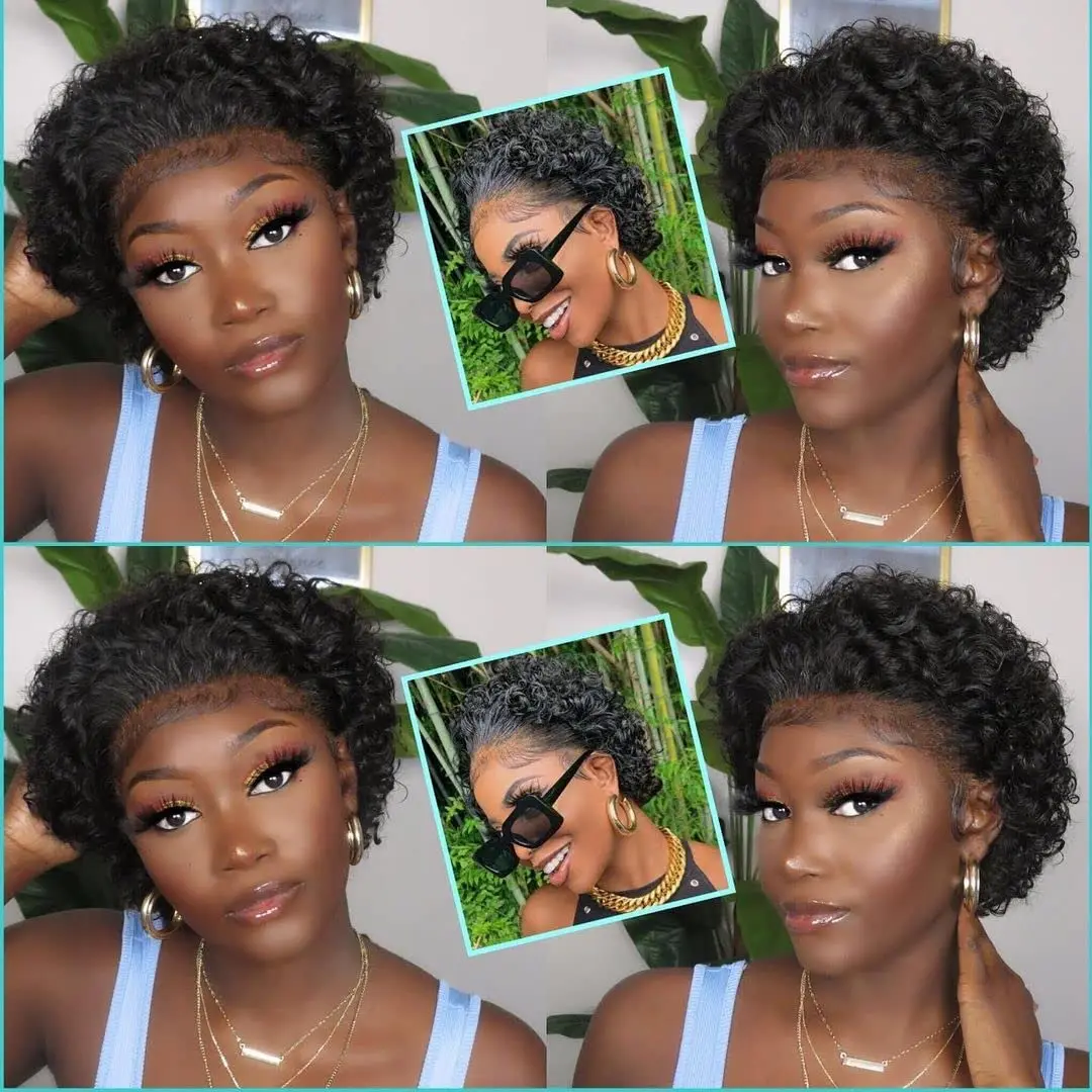 Short Curly Pixie Cut Lace Front Wigs 6 inch, 13X1 Human Hair Lace Front Wigs