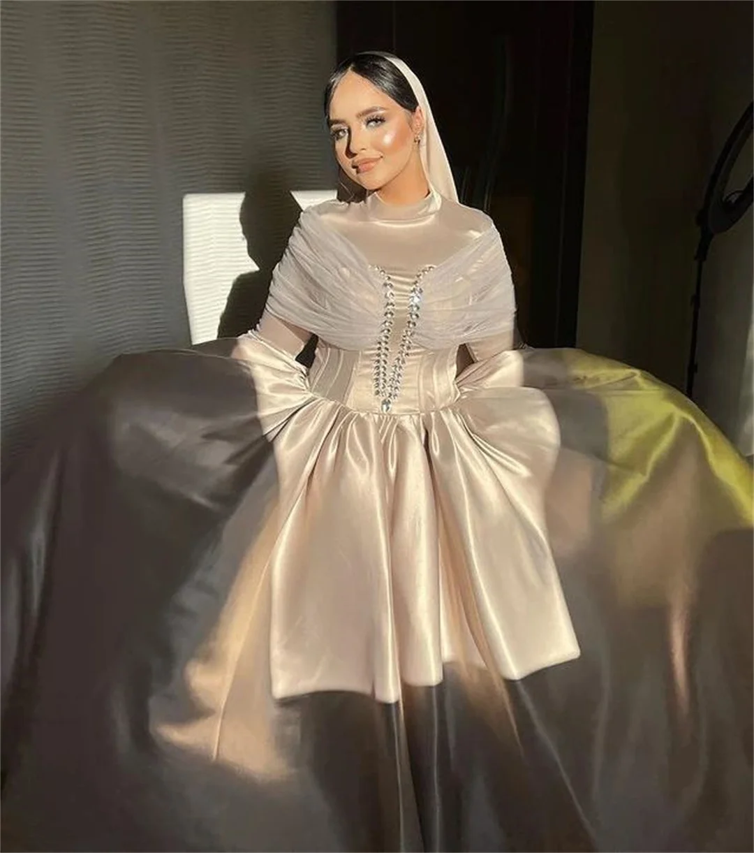 

Gorgeous Prom Dresses 2023 A-Line High Neck Rhinestone Long Sleeves Formal Occasion Evening Dresses فساتين الحفلات vestidos de