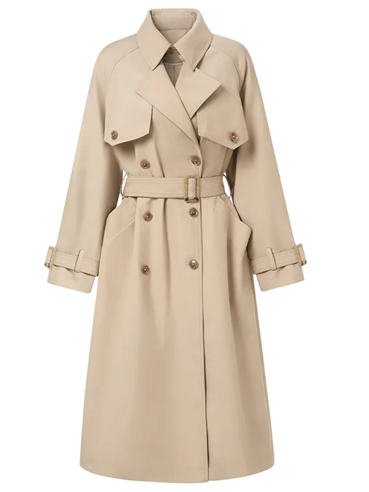 

[EWQ] 2024 Spring autumn Long Khaki Trench Coat Women Belt Double Breasted Loose Casual Runway Luxury Designer Clothes Female