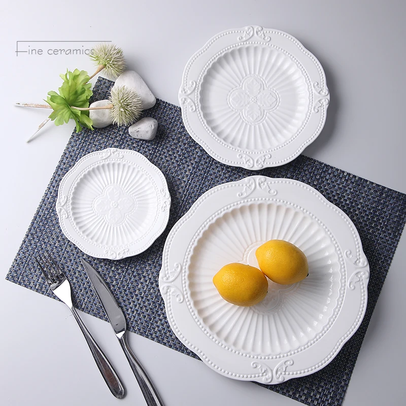 3pcs set, 6+8+10inch, white embossed porcelain charger plates for wedding, nordic ceramic et dinner plate, soup plates set