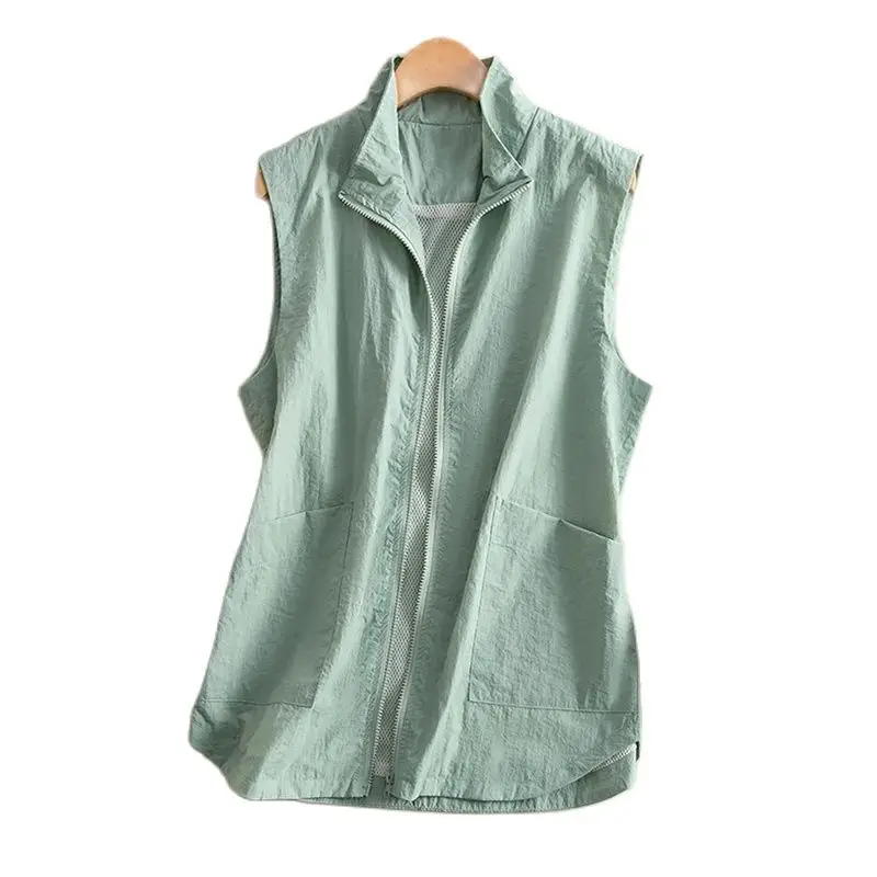 2023 Summer Liner Sun Protection Clothes Women Casual Thin Pink Vest Large Size 4XL Sleeveless Jacket  Short Zipper Waistcoat