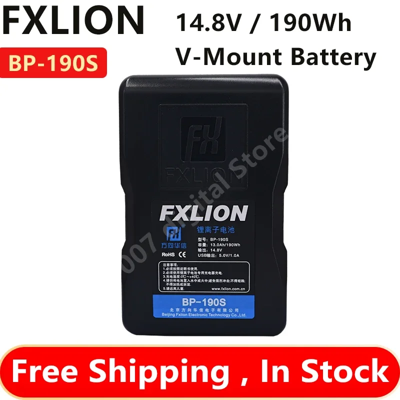 

Fxlion BP-190S 14.8V/190wh V-Mount USB-A d-tap Battery and 2 1pin sockets. 5 level power indicator for camera light battery