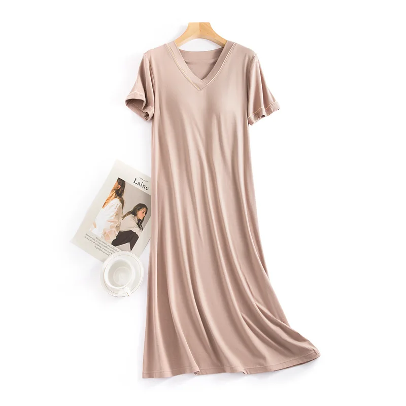 Summer Modal Short Sleeve Female Sleeping Long Dress Loose Housewear Nightgowns For Women V Neck Nightwear Nightshirt M-3XL