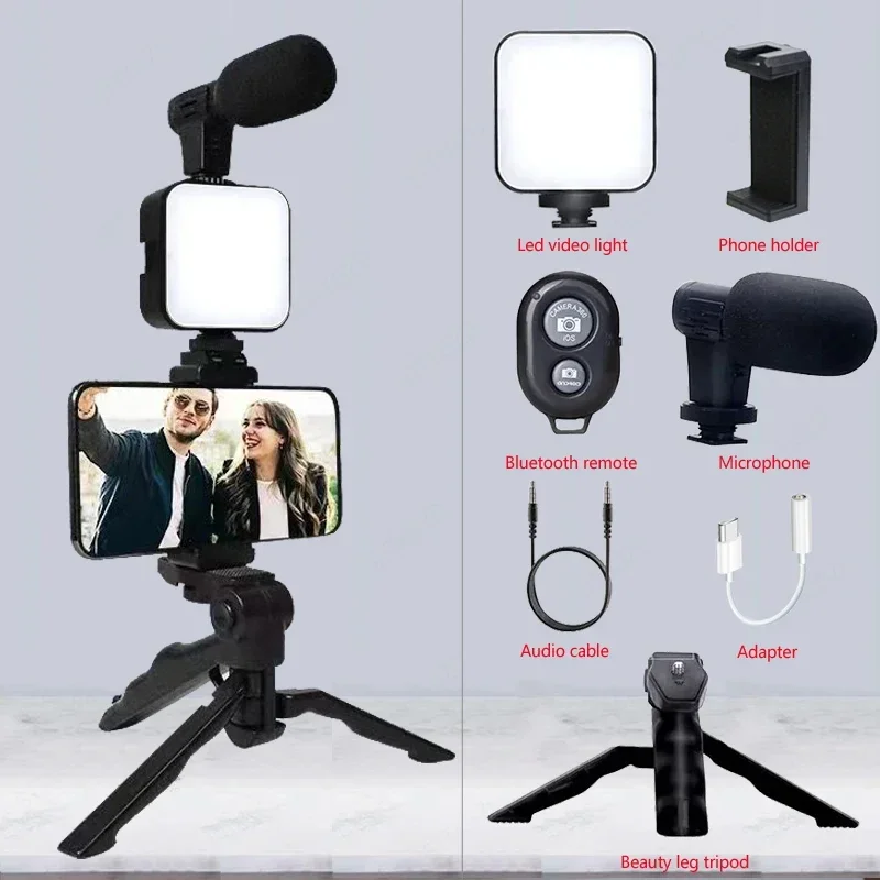 AY49 Smartphone Vlogging Kit Tripod Phone Holder Mini Microphone LED Fill Light Starter For Live Stream Video YouTub