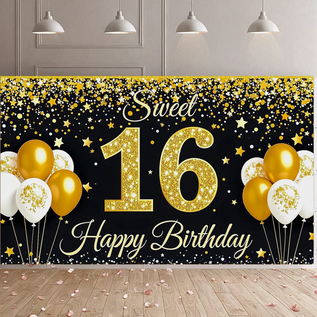 Sweet Sixteen Banner Glitzer Design Sweet 16 Geburtstag Banner Banner Gold Thema für Teenager Geburtstag Party Foto Hintergrund