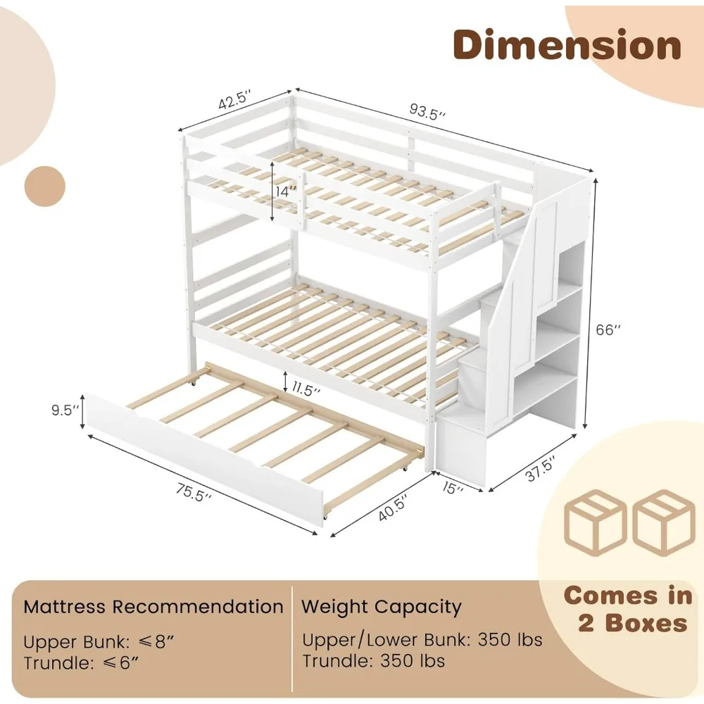 Solid Wood Bunk Bed with Full-Length Guardrails, Convertible to 2 Beds, Children Beds 4